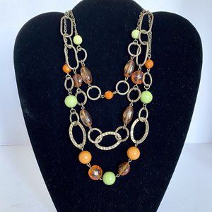 Bohemian Triple-Strand Necklace Green Orange Bronze Adjustable Length 18”-21”